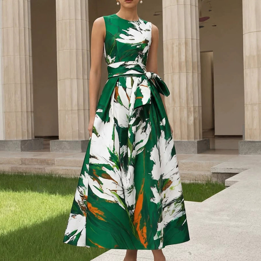 ZARA Sleeveless Round Neck Floral Print Flared Tie Waist Maxi Dress Vacation